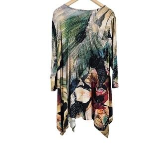Caroline Rose Blouse Green Floral Print Art to Wear Stretch Tunic Top XL